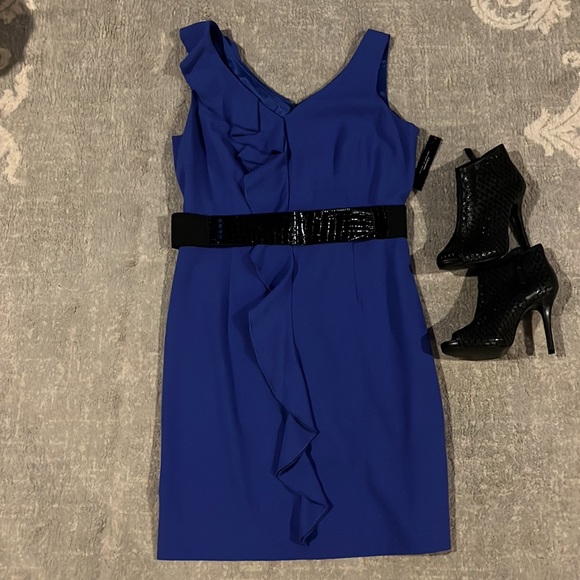 NWT TAHARI Royal Blue Sleeveless Dress With Ruffle  down Front and Belt … - Picture 6 of 13
